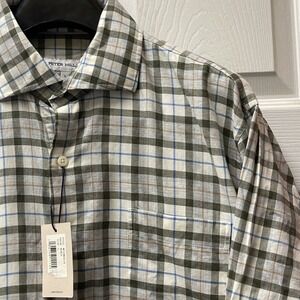 Peter Millar Green and Blue Plaid Casual Button Down Shirt
